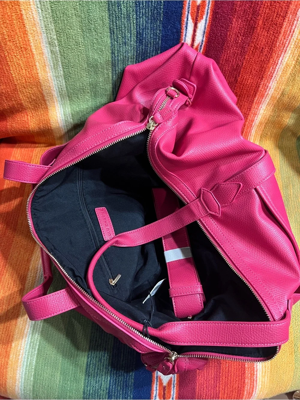 Travel Tote Bag in Bright Pink Leather with Dual Carry Handles - Picture 3 of 5